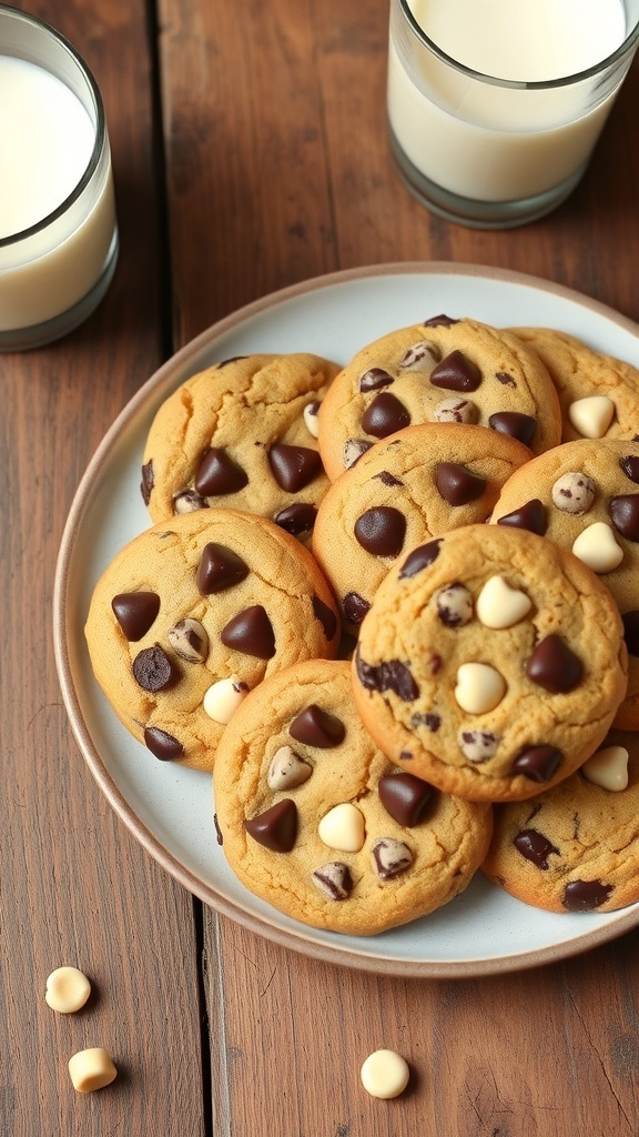 A plate of triple chip chocolate cookies with milk chocolate, dark chocolate, and white chocolate chips.